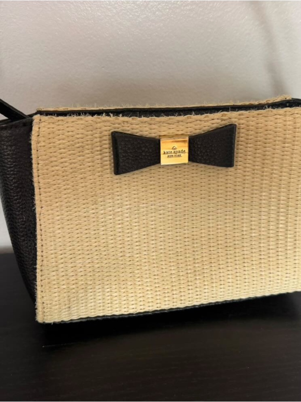 kate spade Beige and Black Woven Crossbody with Bow Accent
